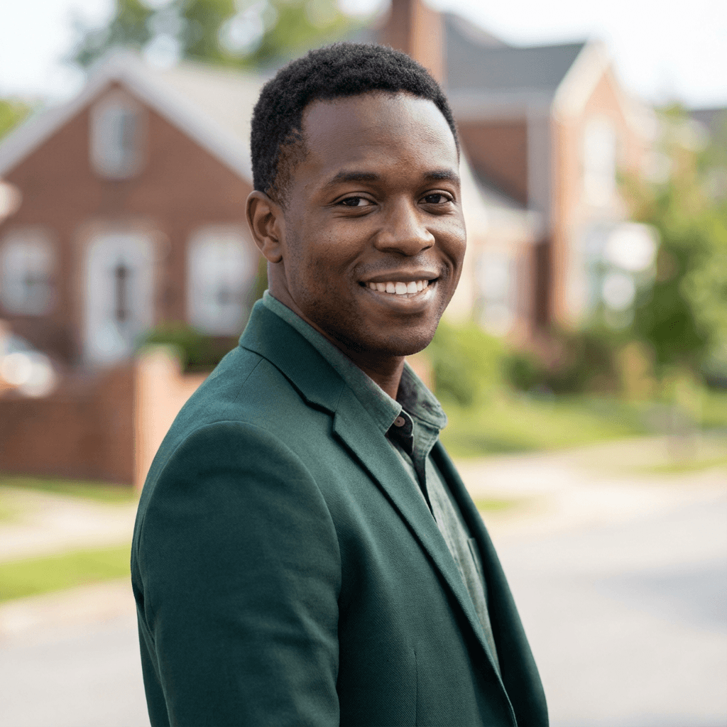 Nick S standing on the front porch of a house, holding a tablet, smiling naturally