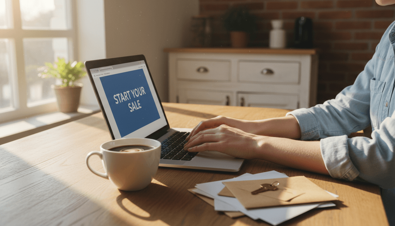 Person filling out details on a laptop at a kitchen table with morning light