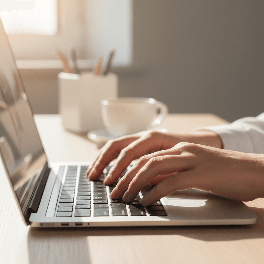 Person typing property details into a laptop at a sunlit kitchen counter