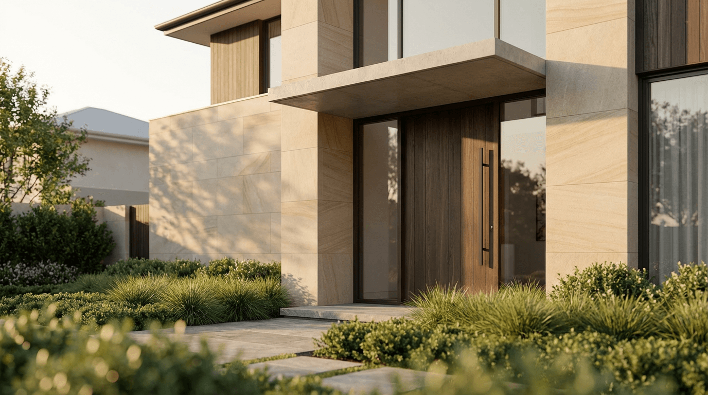 A single-family home with a for-sale sign in the yard during golden hour