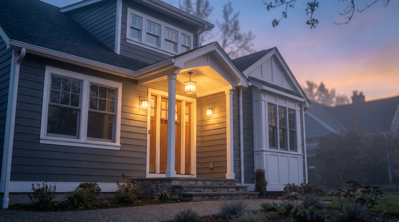 A well-kept single-family house in a residential neighborhood, bathed in warm morning sunlight