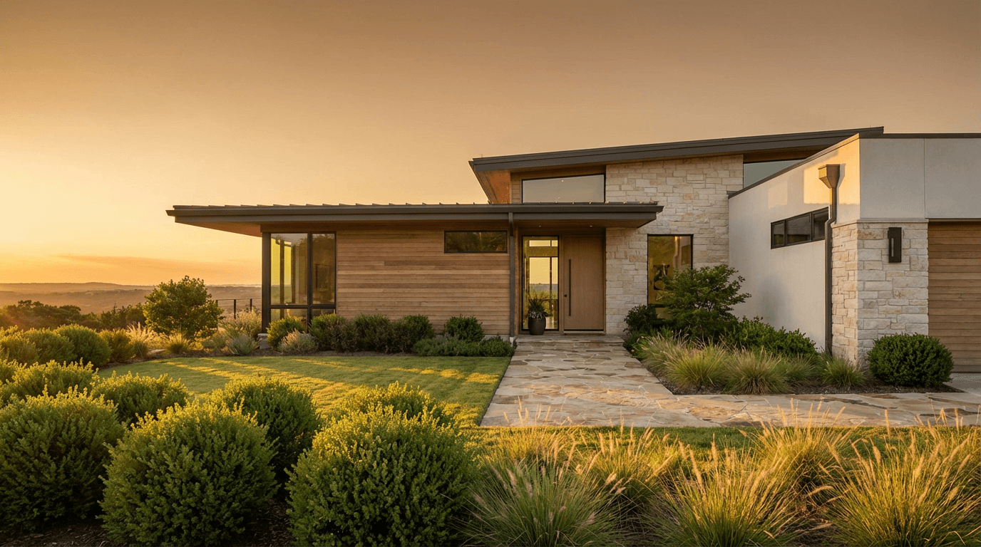 A residential street with a single-family home bathed in warm sunlight.