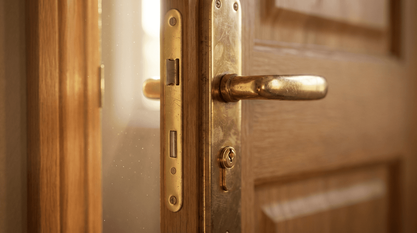 A hand turning a key in a wooden front door lock on a sunny afternoon